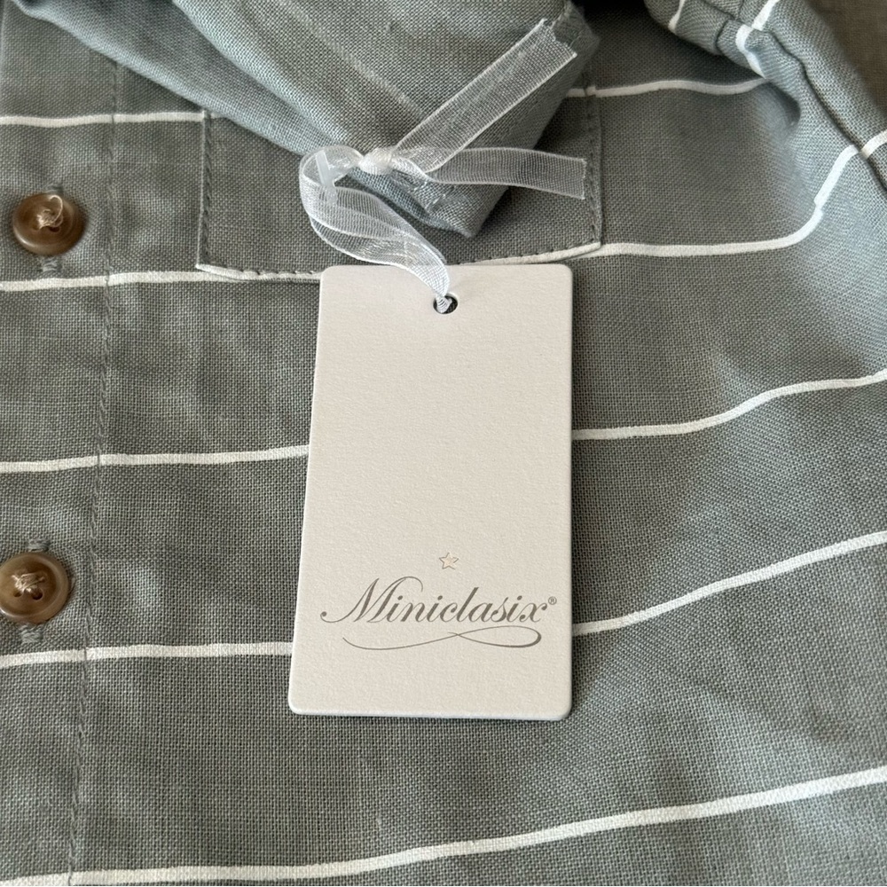 NWT MINICLASIX 2 Piece Woven Striped Shirt and Pant Set Sage Grey Size 12M - Picture 5 of 16